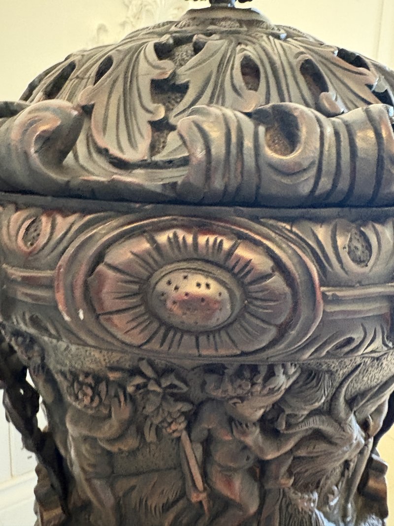 Large Magnificent Antique Pair of Carved Mahogany Urns - Image 2